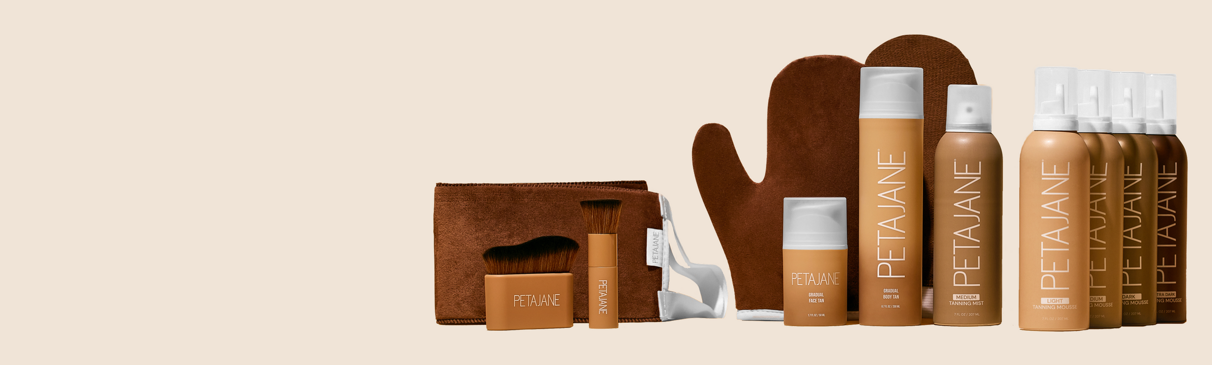 A complete collection of Peta Jane professional tanning products including mousses, mists, face tan, and application tools for wholesale.